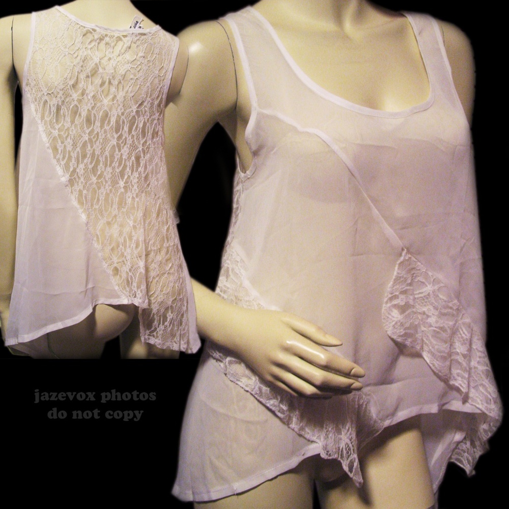 NWT w/Flaw CECICO Ruffle Sheer Tank Top M Lace White Fairy Fairycore Resort Wear